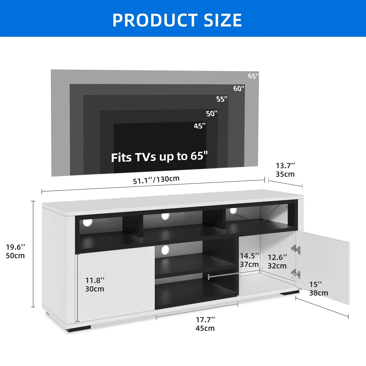 High Gloss TV Stand with Ambient Lights, Modern TV Stand with Open Shelf Storage Cabinet for 62 inch TV, White