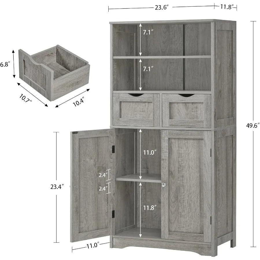 Tall Storage Cabinet with Adjustable Shelves Doors Bathroom Cabinet with 2 Drawers Cupboard for Living Room Dining Room Entrywa
