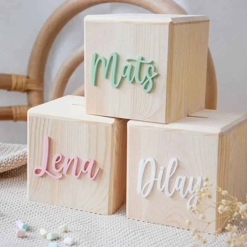 Customized Children's Piggy Bank with Acrylic Name Wooden Baby Piggy Bank Personalized Coin Collection Box Baby Baptism Gift
