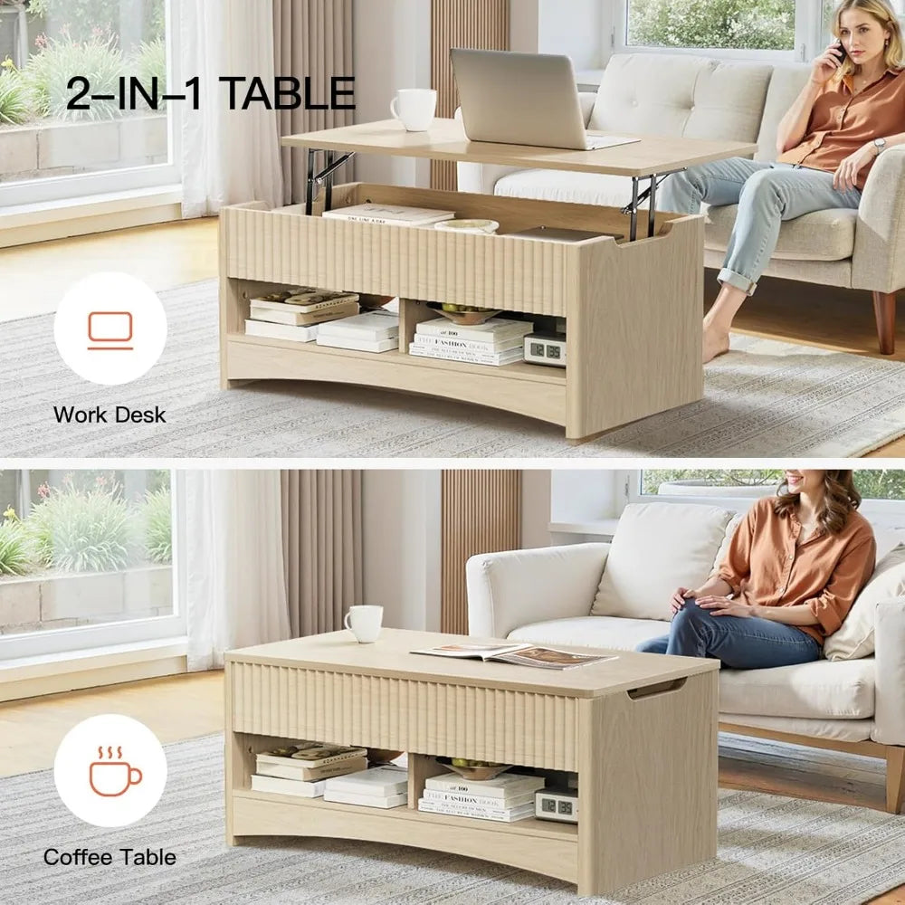 Amada Coffee Table Fluted Lift Top, 35.2" Wood Table with Storage Shelf & Hidden Compartment, Modern Rectangle Center Table