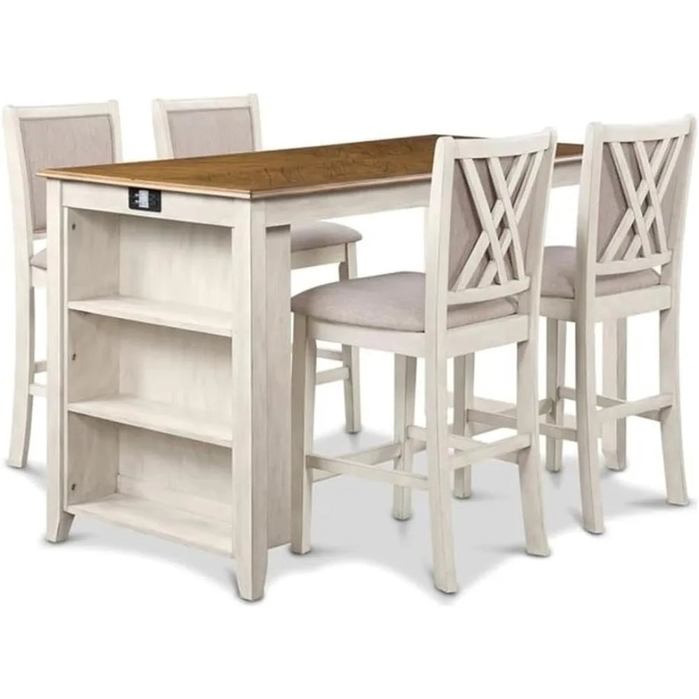 Farmhouse Kitchen Counter Island Dining Table for 4 with Storage Shelf & USB Chargers