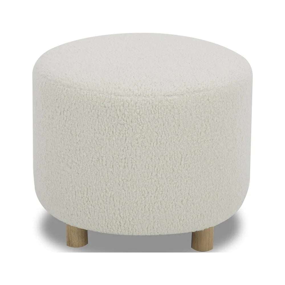Modern Round Ottoman Faux Sherpa Soft Plush Indoor Furniture Solid Hardwood Legs Easy Assembly High Density Foam Comfortable