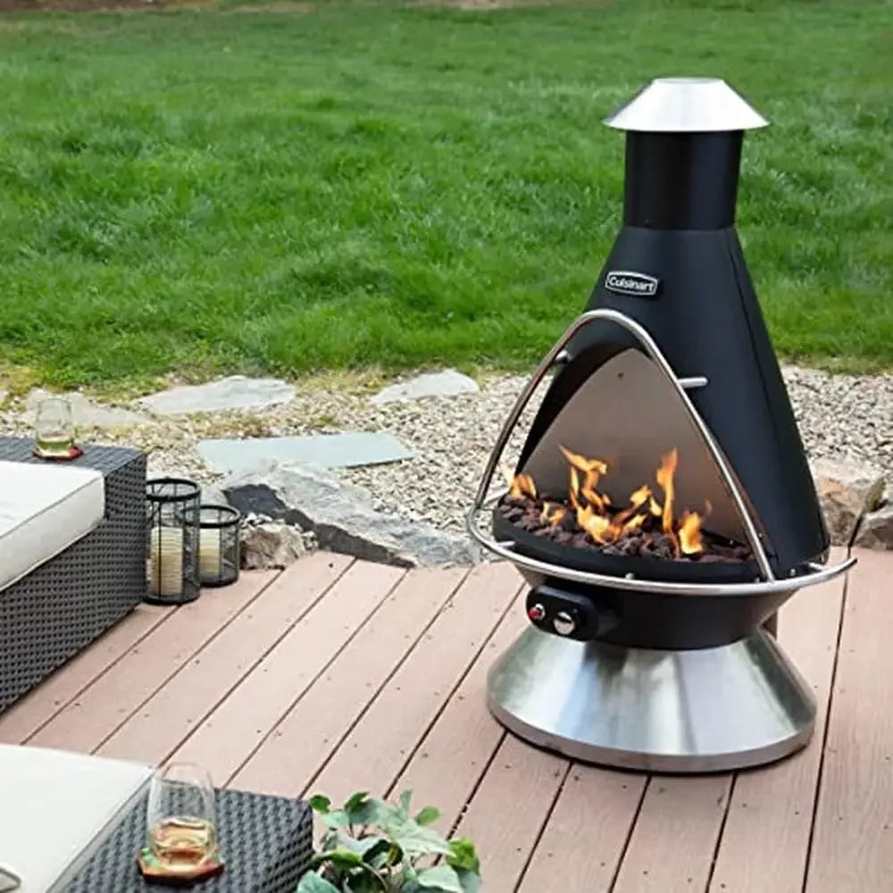 Chimenea Propane Fire Pit Patio Heater 40,000 BTUs 31"x31"x48" Stainless Steel Base Flame Safety Cut-Off 8 lbs. Lava Rocks