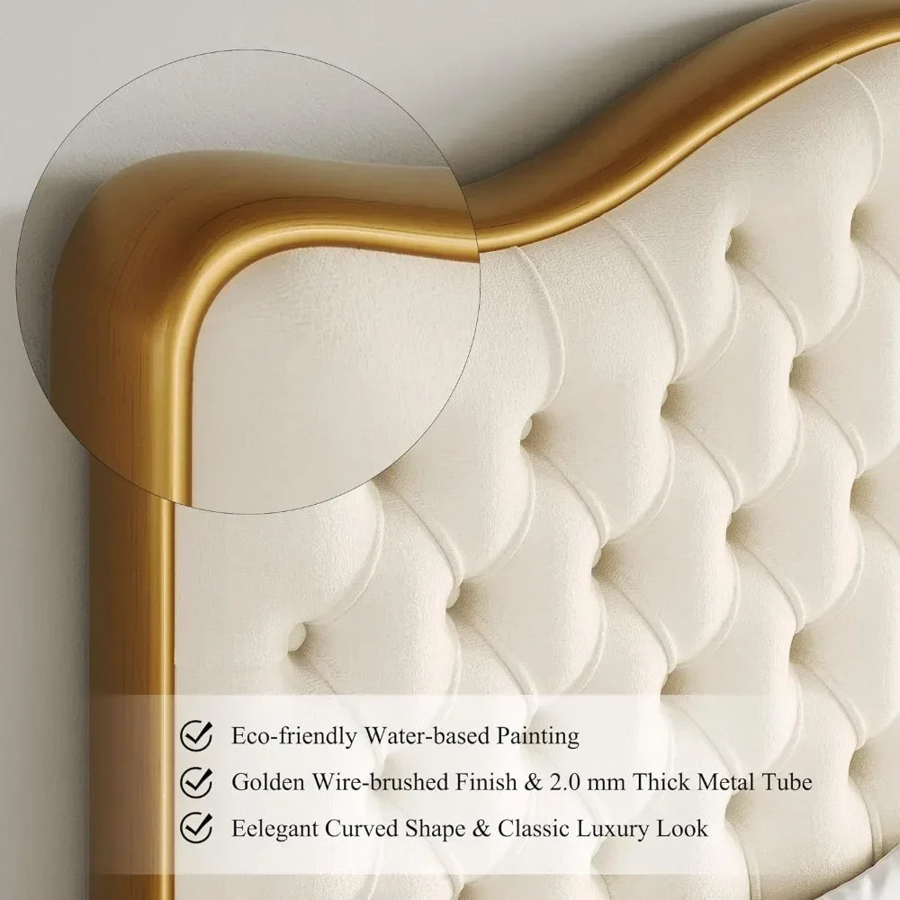Queen/King Size Platform Bed Frame with 55" Tall Curved Headboard, Modern Velvet Upholstered Bed Frame with Deep Tufted Button