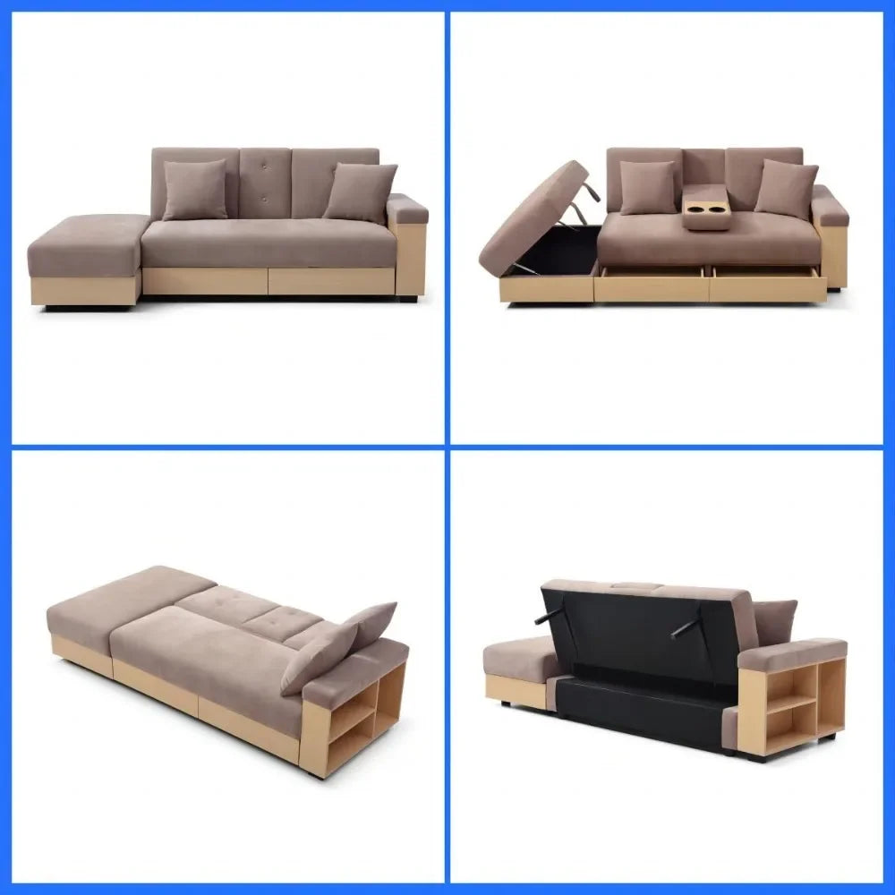 Sofa 84.65" Convertible Sofa Bed with Storage Ottoman, Adjustable Armrest & Coffee Table - Perfect for Small Apartments, 2 Drawe