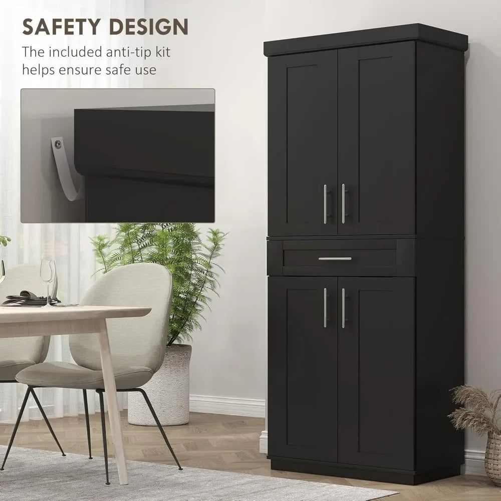 Kitchen Pantry Cabinet, Freestanding Tall Storage Cabinet with 4 Doors, Drawer and 3 Adjustable Shelves for Dining Room