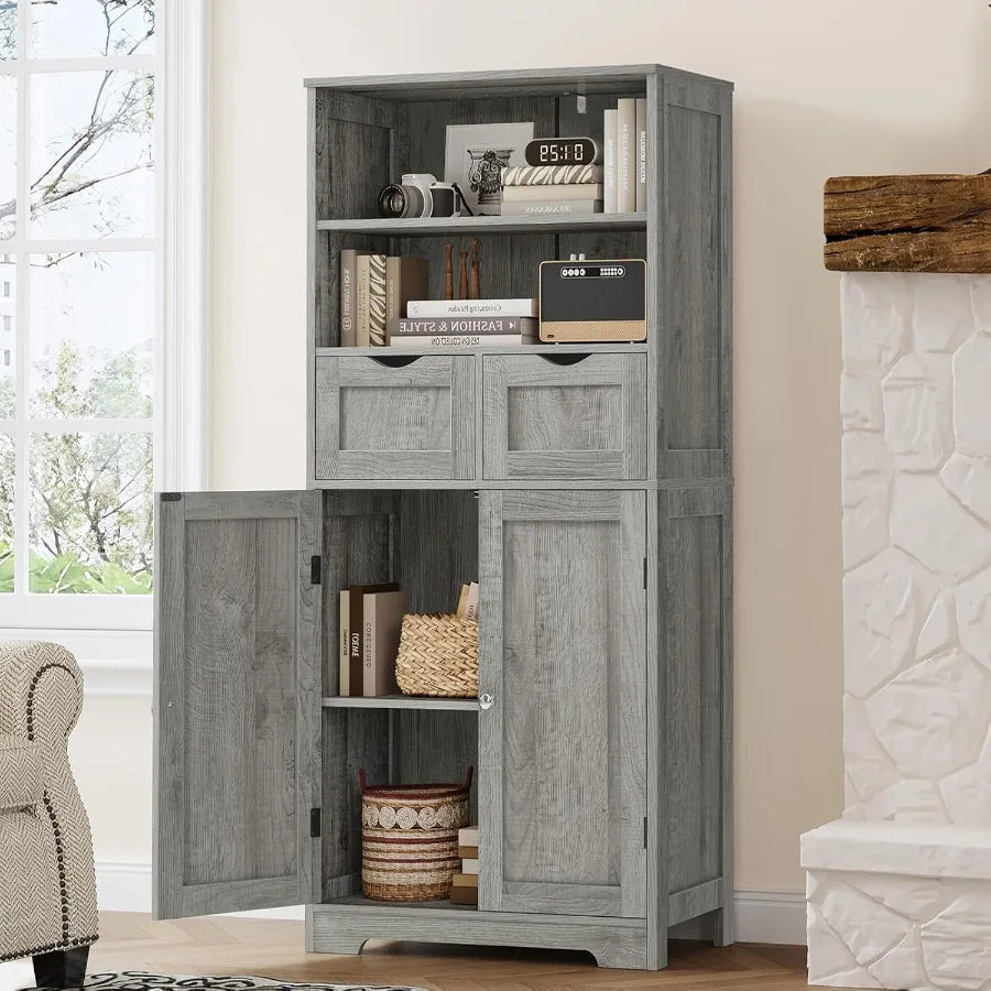 Tall Storage Cabinet with Adjustable Shelves Doors Bathroom Cabinet with 2 Drawers Cupboard for Living Room Dining Room Entrywa