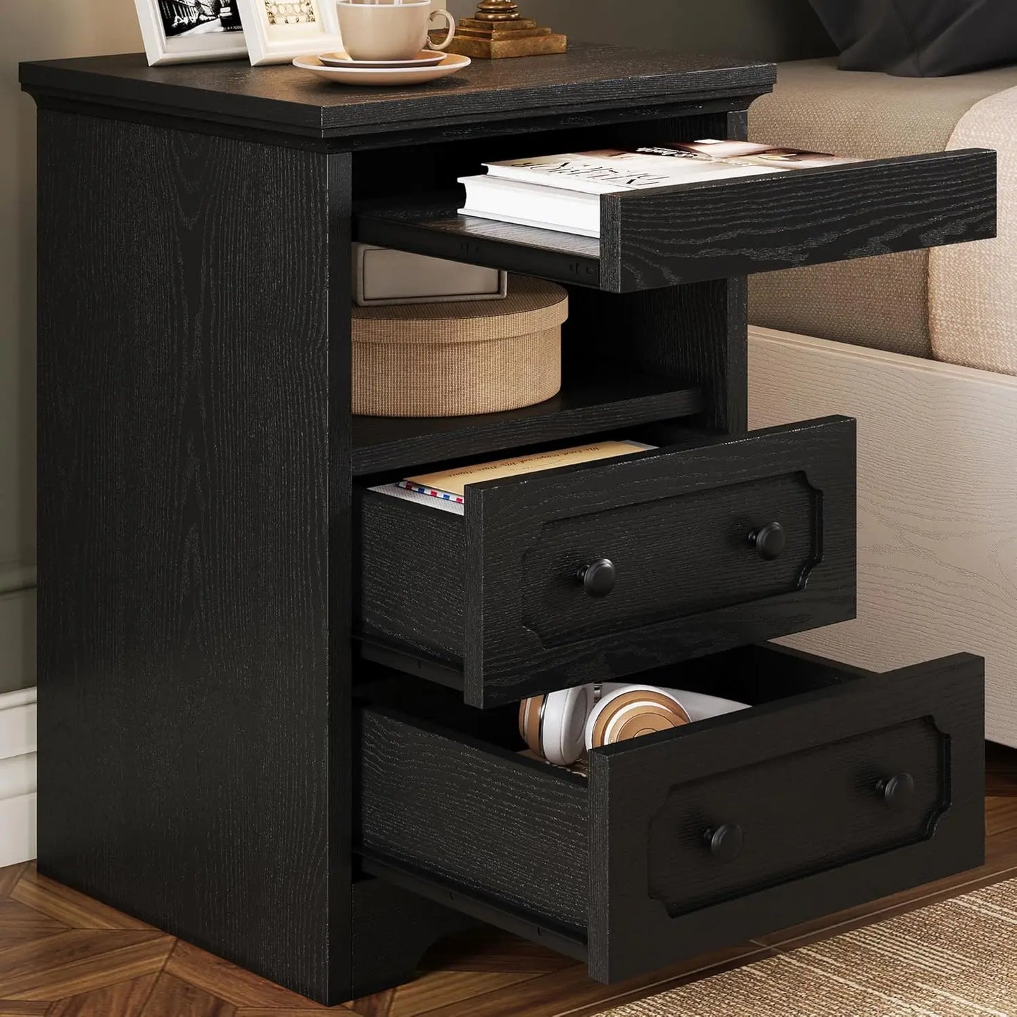 Night Stand, Modern Bedside Table with 3 Drawers, Open Shelf, End Table with Pull-Out Tray, Wood SideTable, Grey Oak