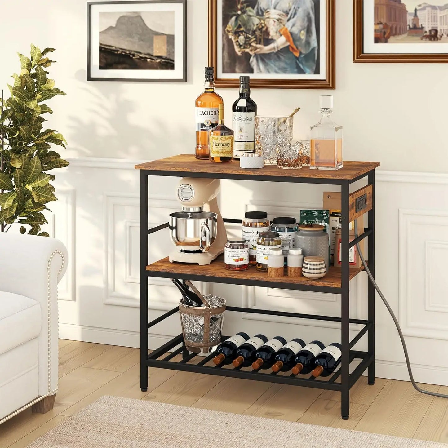 Kitchen Island With Storage, Bakers Ra With Power Outlet,Microwave Stand With Large Worktop,Rolling Bar Cart For Home, Outdoor,