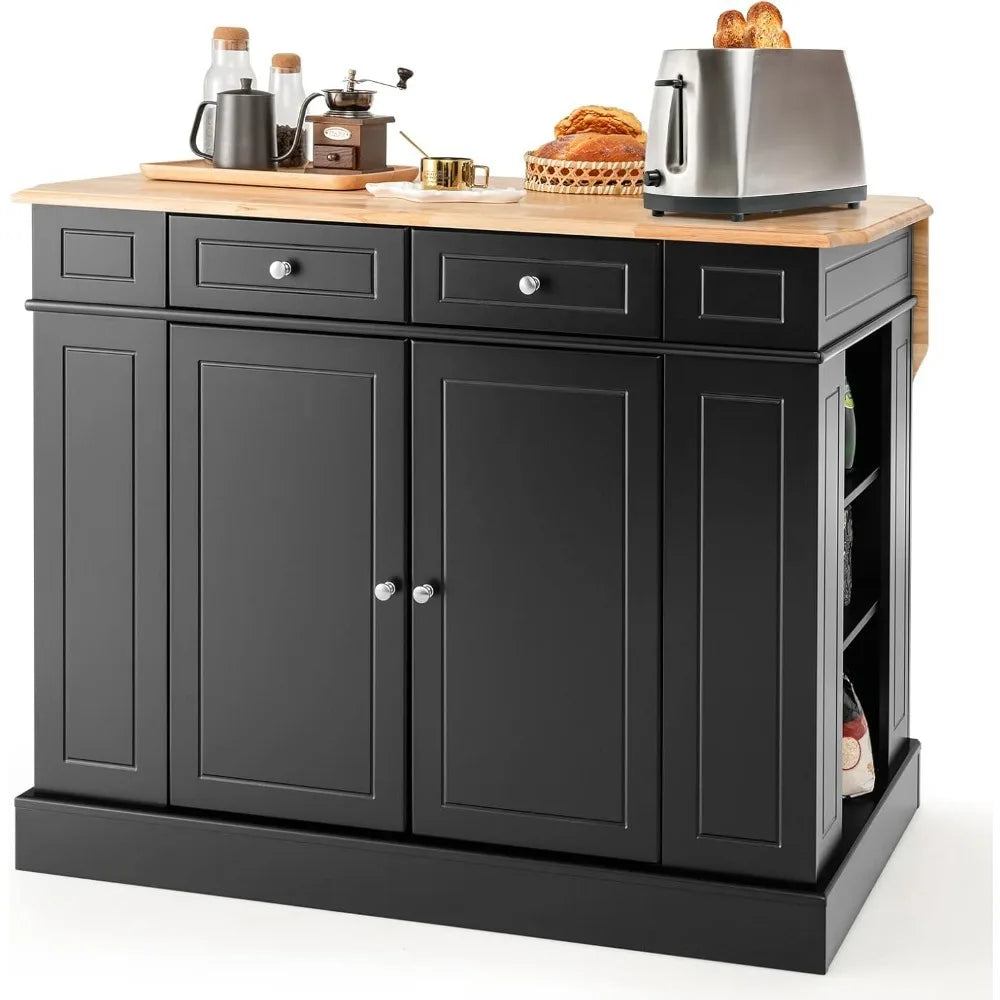 Kitchen island with rubber wood countertop, 2 drawers, 5 adjustable shelves and spice rack, kitchen home coffee bar island table