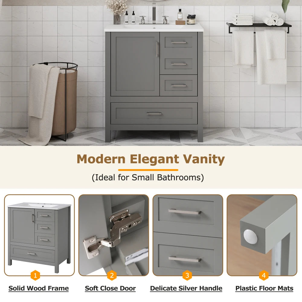 30" Gray Bathroom Vanity with Sink Combination Set, Bathroom Storage Cabinet with Soft Close Door, 3 Drawers and Removable Tray