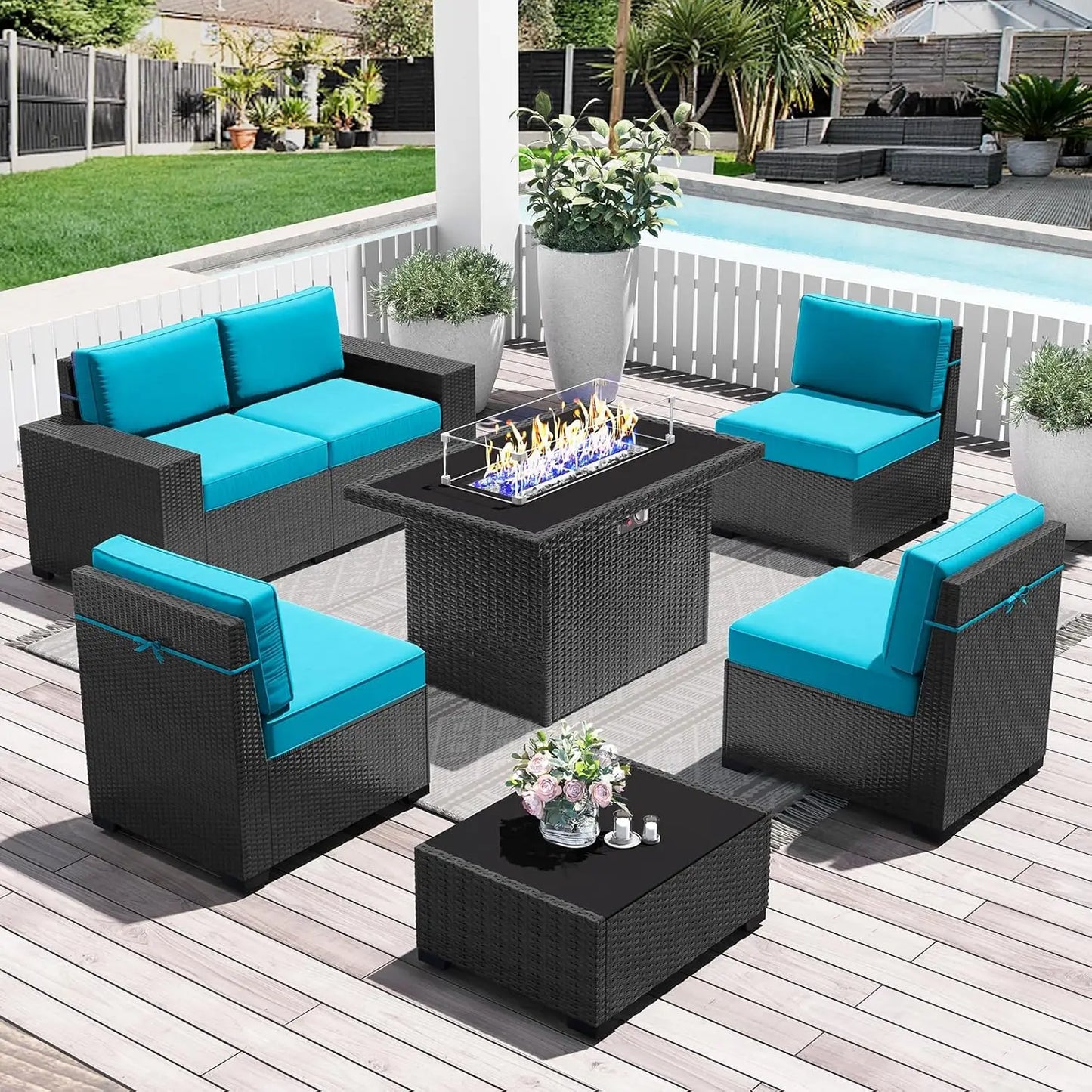 15 Piece Patio Furniture Set with Fire Pit Table, Outdoor Conversation Sets Wicker Rattan Sectional Sofa with Coffee Table