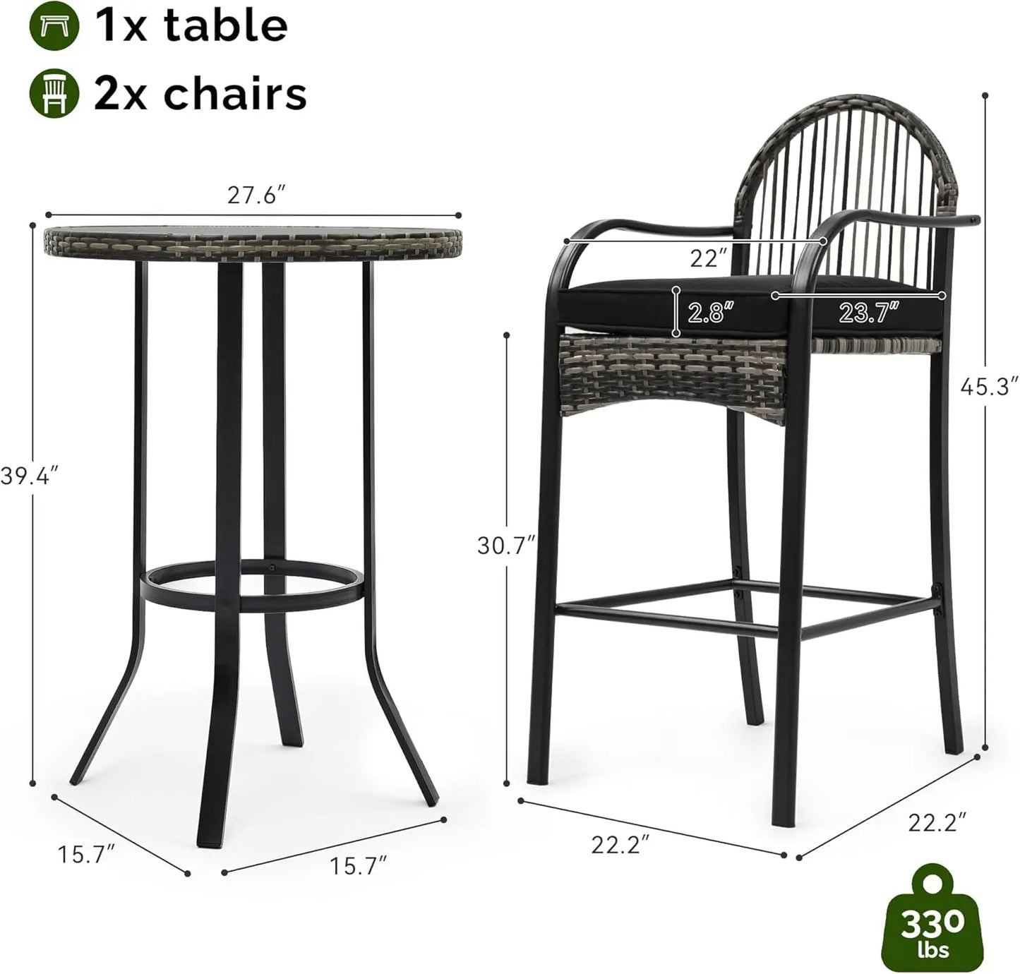 2025 NEW 3-Piece Outdoor Wicker Bar Height Set with Cushioned Barstools, Patio Bistro Furniture for Balcony and Poolside, Black