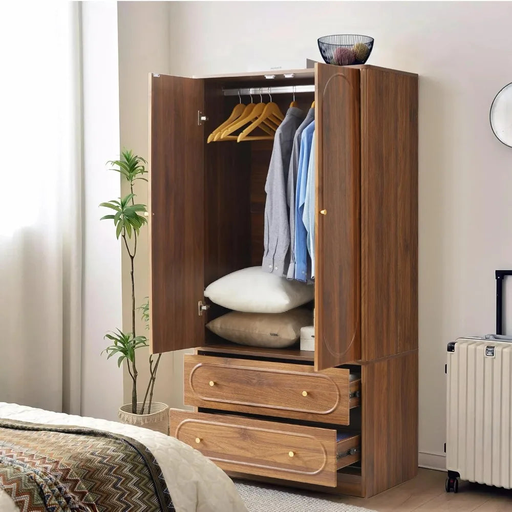 Fluted Freestanding Armoire Wardrobe Closet with 2 Doors and 2 Storage Drawers, Large Capacity Wardrobe Cabinet