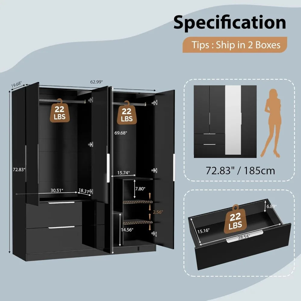 72.8" H Armoire with Mirror, 4 Door & 2 Drawers, Freestanding Wardrobe Closet for Bedroom, Wardrobes