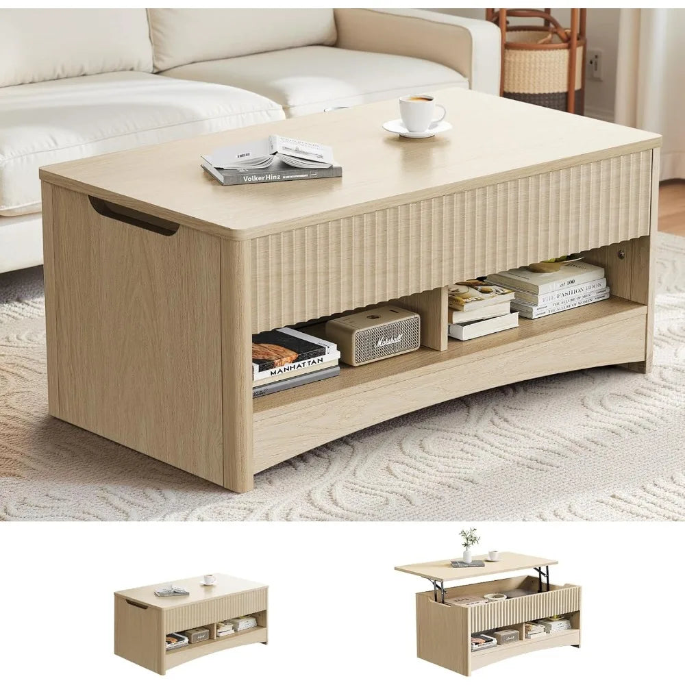 Amada Coffee Table Fluted Lift Top, 35.2" Wood Table with Storage Shelf & Hidden Compartment, Modern Rectangle Center Table