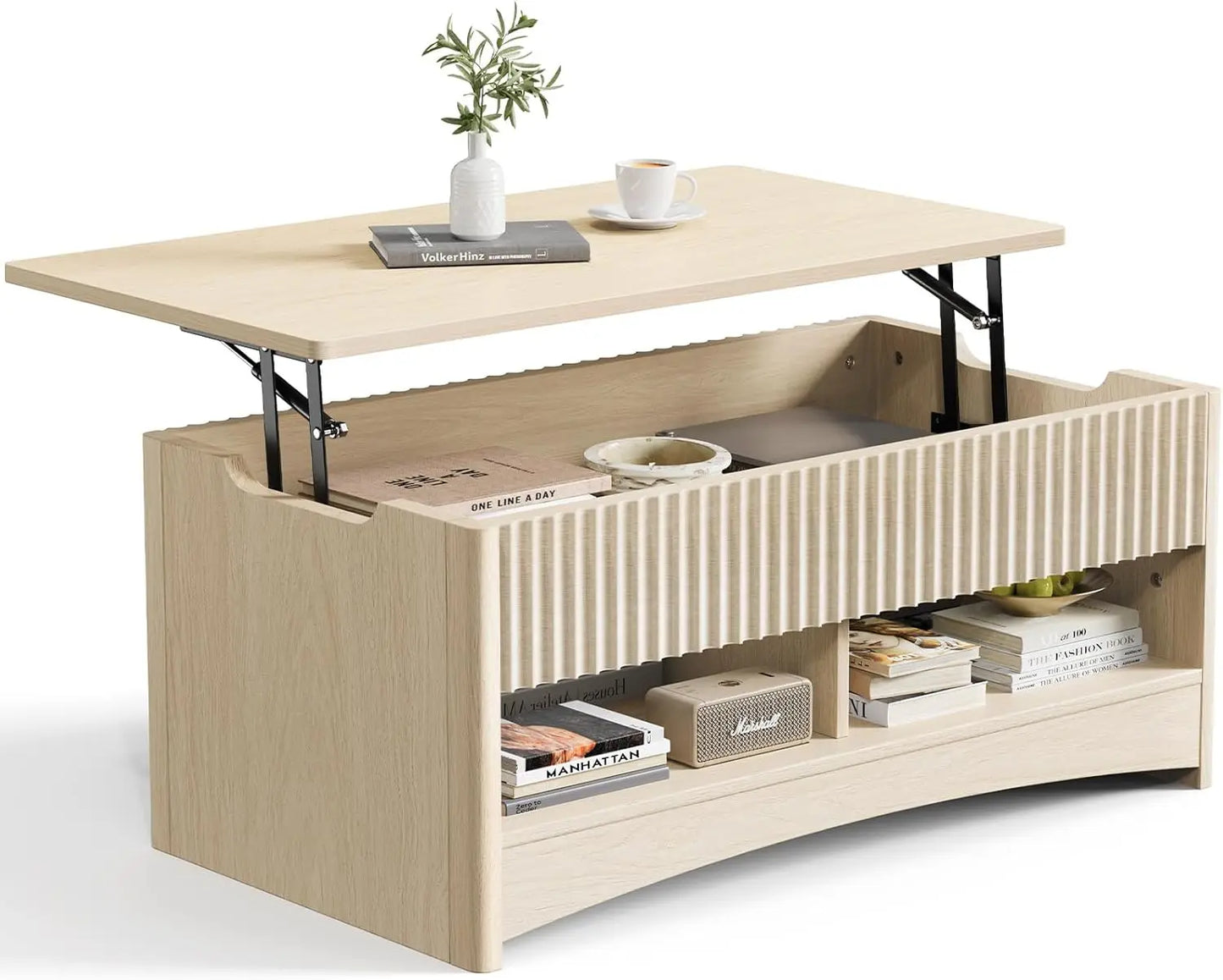 Amada Coffee Table Fluted Lift Top, 35.2" Wood Table with Storage Shelf & Hidden Compartment, Modern Rectangle Center Table