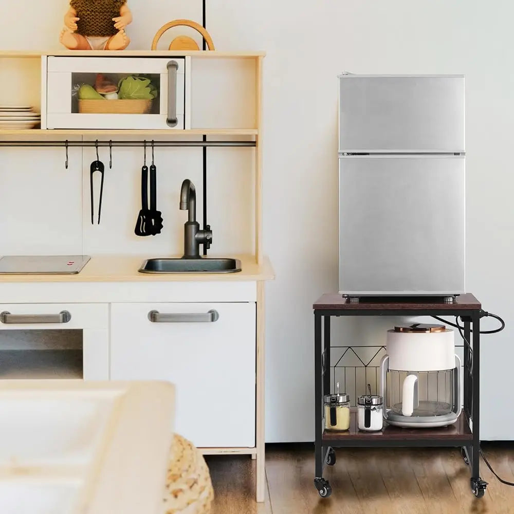 Kitchen Island Cart With Power Outlet, Mobile Coffee Bar & Microwave Stand With Space For Small Refrigerator For Dining Room,