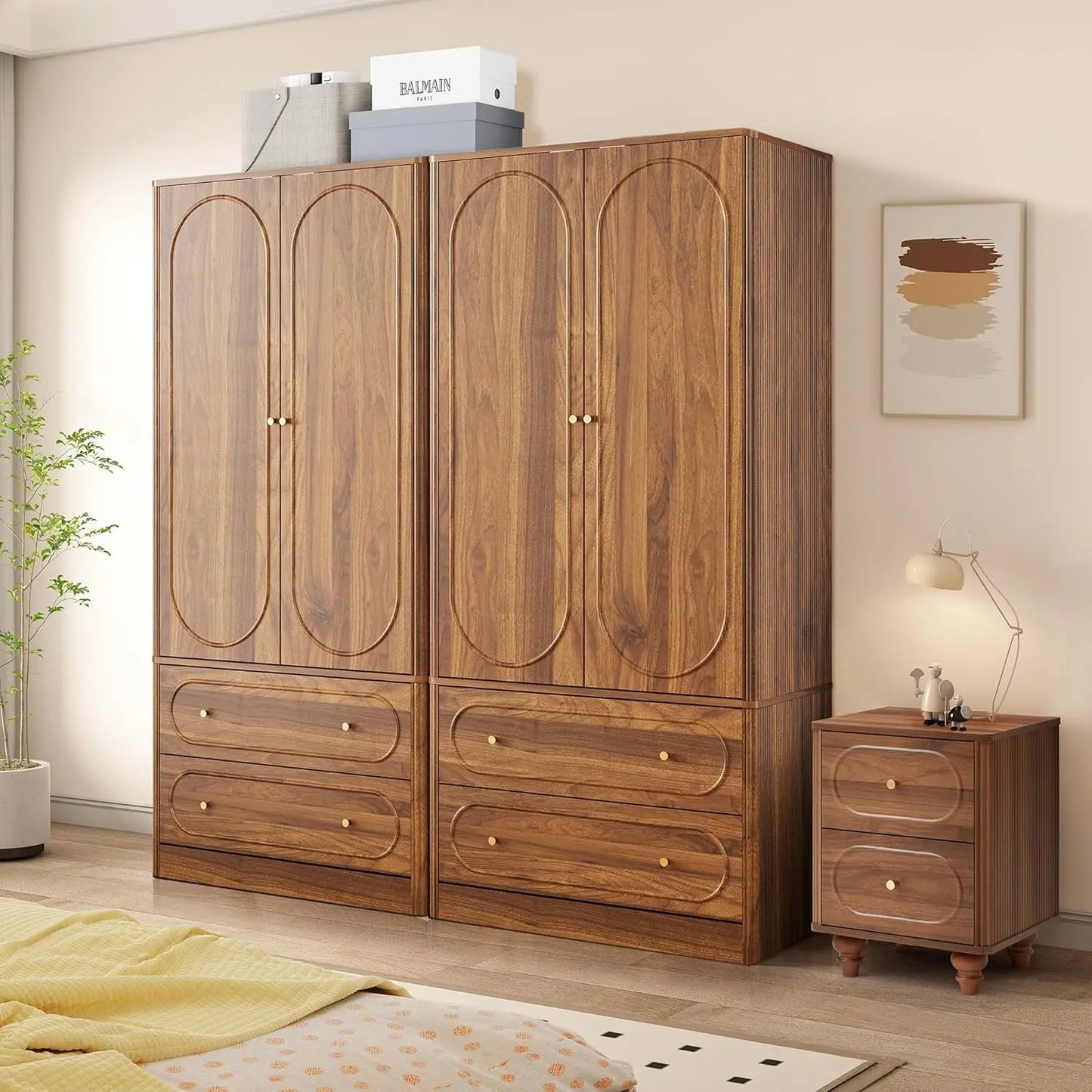 Fluted Freestanding Armoire Wardrobe Closet with 2 Doors and 2 Storage Drawers, Large Capacity Wardrobe Cabinet