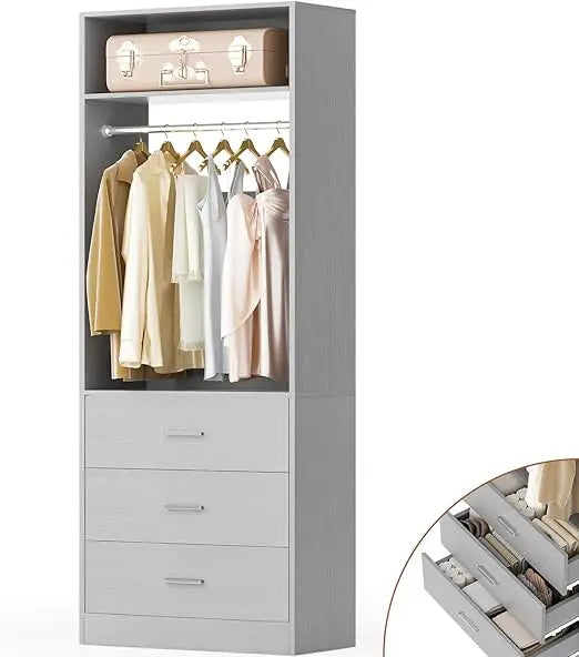 Freestanding 2FT Closet System with 3 Wood Drawers, 24" Closet Organizer System with Hanging Rod & Shelves, Walk-in Closet Syste