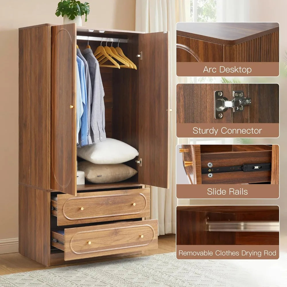 Fluted Freestanding Armoire Wardrobe Closet with 2 Doors and 2 Storage Drawers, Large Capacity Wardrobe Cabinet