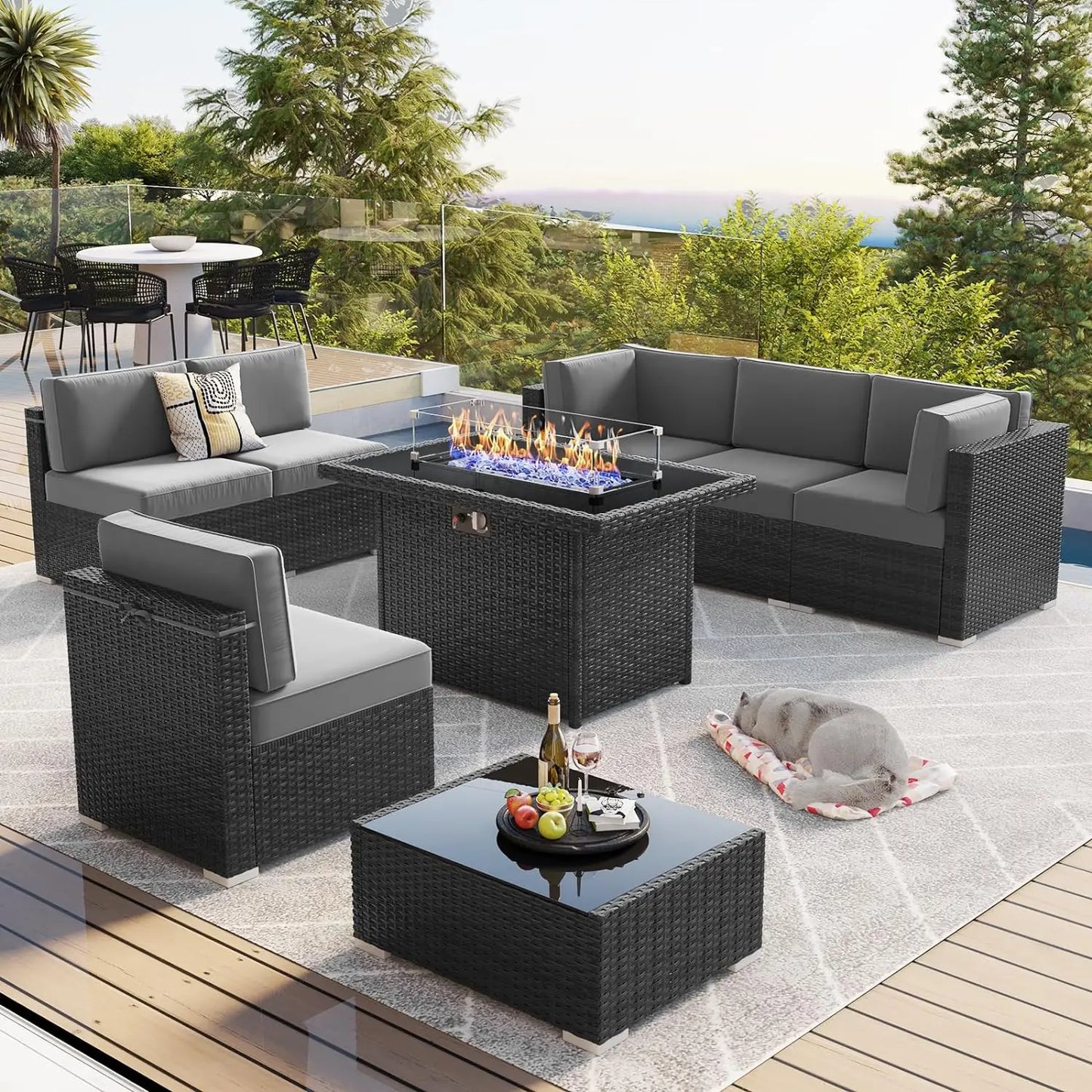 15 Piece Patio Furniture Set with Fire Pit Table, Outdoor Conversation Sets Wicker Rattan Sectional Sofa with Coffee Table