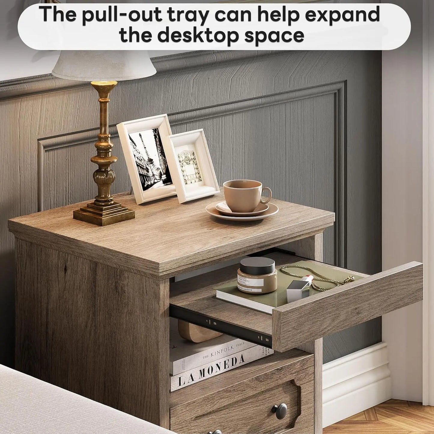 Night Stand, Modern Bedside Table with 3 Drawers, Open Shelf, End Table with Pull-Out Tray, Wood SideTable, Grey Oak