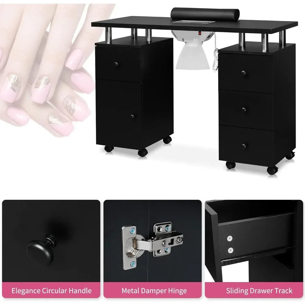 Manicure Tables Desk for Nail Tech Nail Table Beauty Salon Tech Station w/Electric Downdraft Vent Wheels Cushion Manicure Table