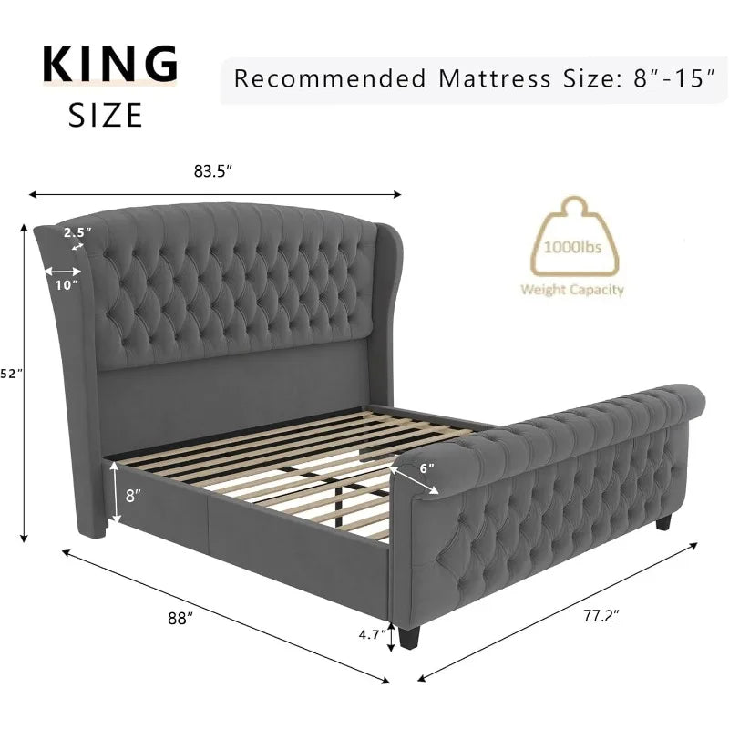 AMERLIFE King Size Platform Bed Frame, Chenille Upholstered Sleigh Bed with Scroll Wingback Headboard & Footboard/Button Tufted