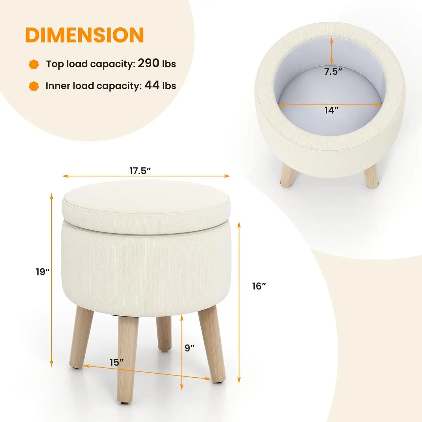 Storage Ottoman Foot Rest - Round Ottoman Coffee Table Top Cover, Wood Legs, Adjustable Foot Pads, Modern Padded Vanity Stool