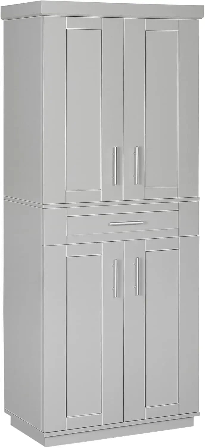 Kitchen Pantry Cabinet, Freestanding Tall Storage Cabinet with 4 Doors, Drawer and 3 Adjustable Shelves for Dining Room