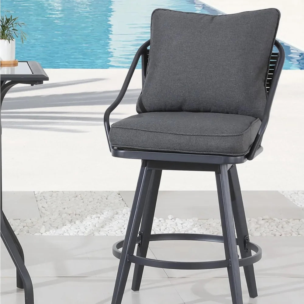 3Pcs Patio Bar Set Outdoor Black Glass Table with Metal Swivel Stools Grey Seat Cushion