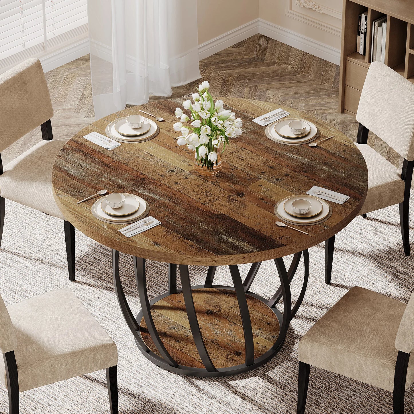 Tribesigns Round Dining Table, 46-Inch(118cm)Wood Kitchen Table with Sturdy Metal Base for 4-6 People,Rustic Brown