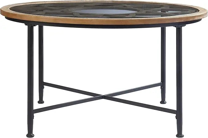 Elegant Round Coffee Table - Glass Top, Wood Trim, and Metal Base for Home Decoration