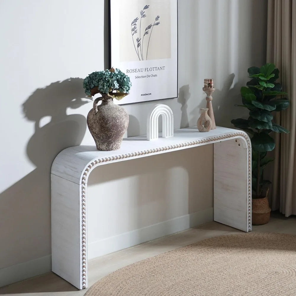 59" Modern White Table with Wood Beads, Rustic Wooden Entryway Table with Curved Waterfall-Style, Farmhouse Sofa Table Behind Co