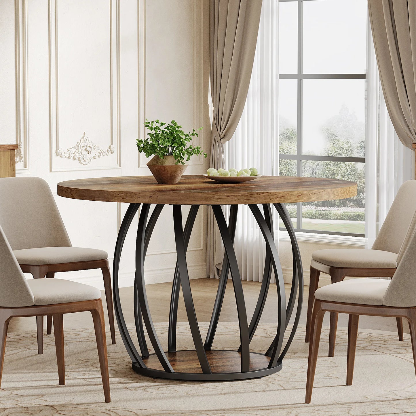 Tribesigns Round Dining Table, 46-Inch(118cm)Wood Kitchen Table with Sturdy Metal Base for 4-6 People,Rustic Brown