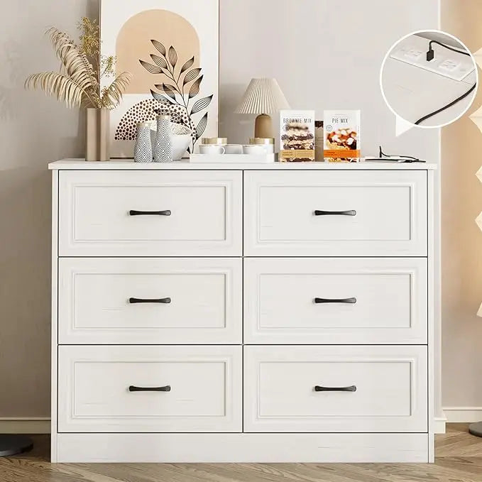 Dresser for Bedroom, 6 Drawer Wide Dresser Organizer with Charging Station, Dresser for Hallway, Wood Dresser with Metal Handles