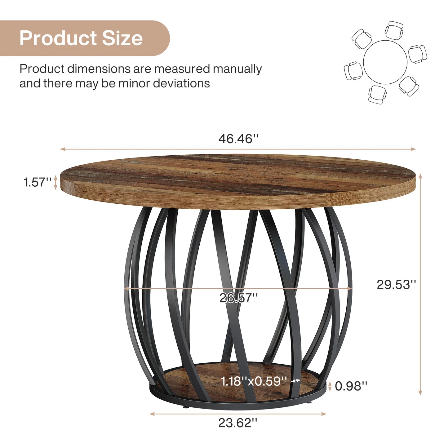 Tribesigns Round Dining Table, 46-Inch(118cm)Wood Kitchen Table with Sturdy Metal Base for 4-6 People,Rustic Brown