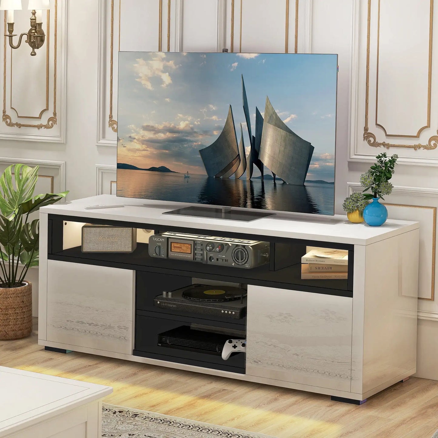 High Gloss TV Stand with Ambient Lights, Modern TV Stand with Open Shelf Storage Cabinet for 62 inch TV, White