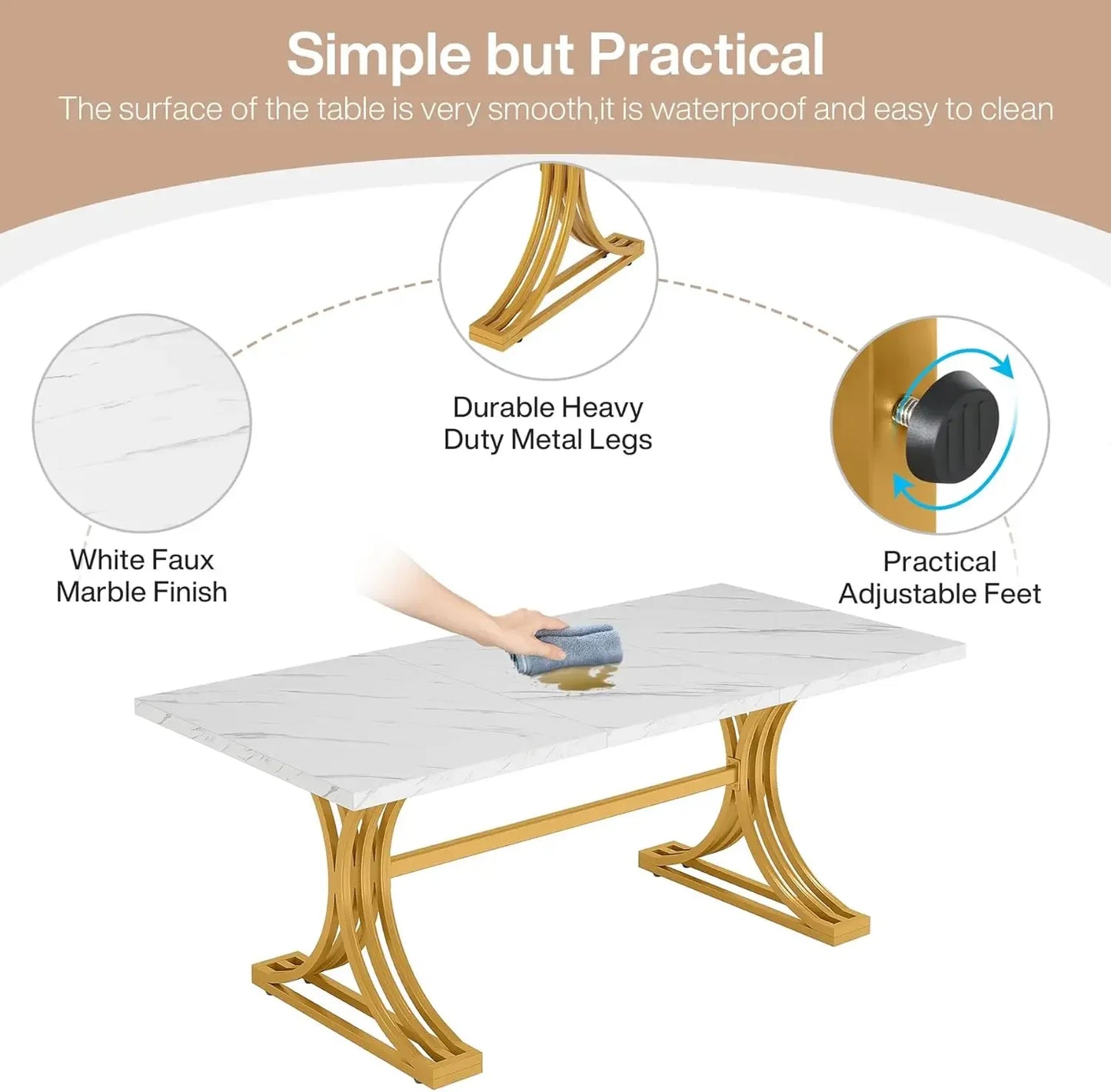 63-Inch Rectangular Dining Table for 4 to 6, Kitchen Tables for Dining Room, Modern Dinner Table with Faux Marble Table Top and
