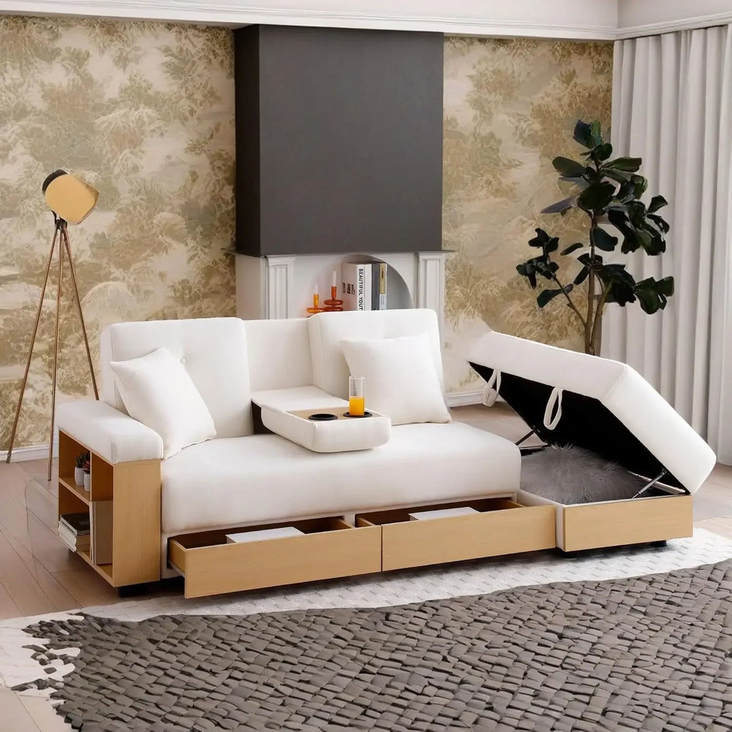 Sofa 84.65" Convertible Sofa Bed with Storage Ottoman, Adjustable Armrest & Coffee Table - Perfect for Small Apartments, 2 Drawe