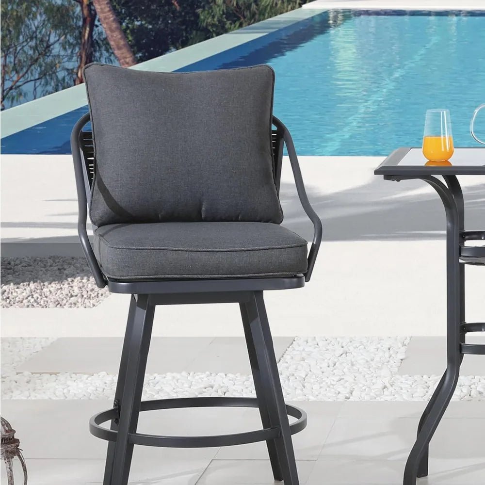 3Pcs Patio Bar Set Outdoor Black Glass Table with Metal Swivel Stools Grey Seat Cushion
