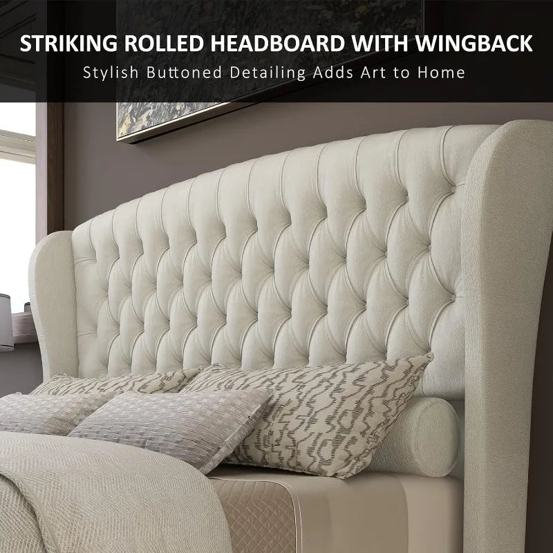 AMERLIFE King Size Platform Bed Frame, Chenille Upholstered Sleigh Bed with Scroll Wingback Headboard & Footboard/Button Tufted