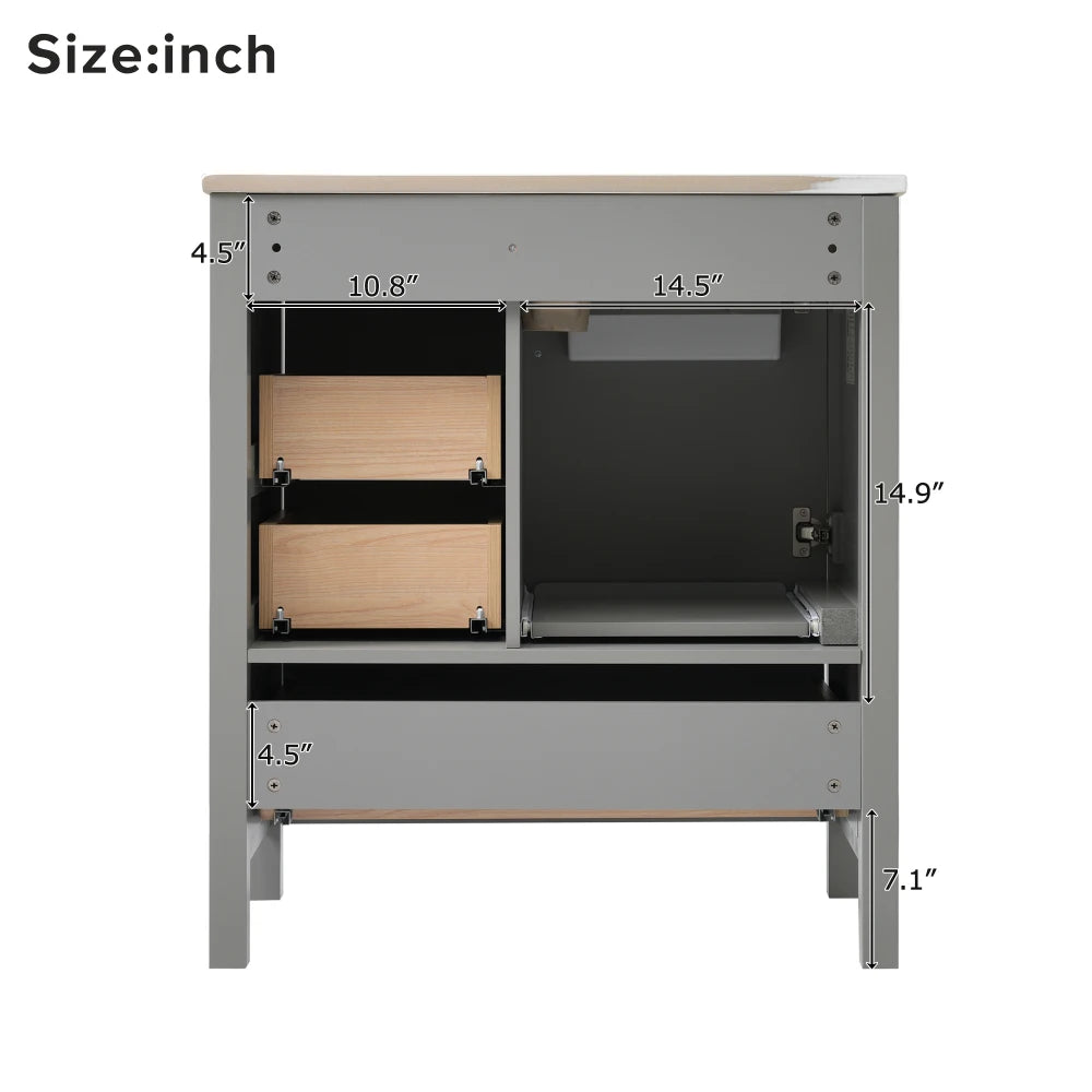 30" Gray Bathroom Vanity with Sink Combination Set, Bathroom Storage Cabinet with Soft Close Door, 3 Drawers and Removable Tray