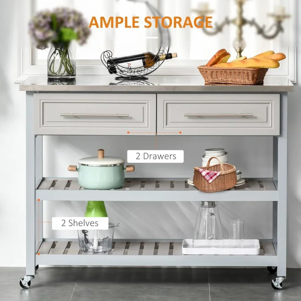 Kitchen Island with Stainless Steel Top, Traditional Kitchen Island with Storage, 2-Tier Open Shelves, Drawers, Light Gray