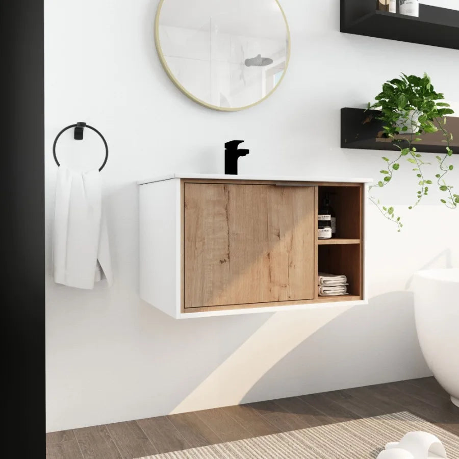 30'' Floating WallMounted Bathroom Vanity with Ceramics Sink SoftClose Cabinet Door