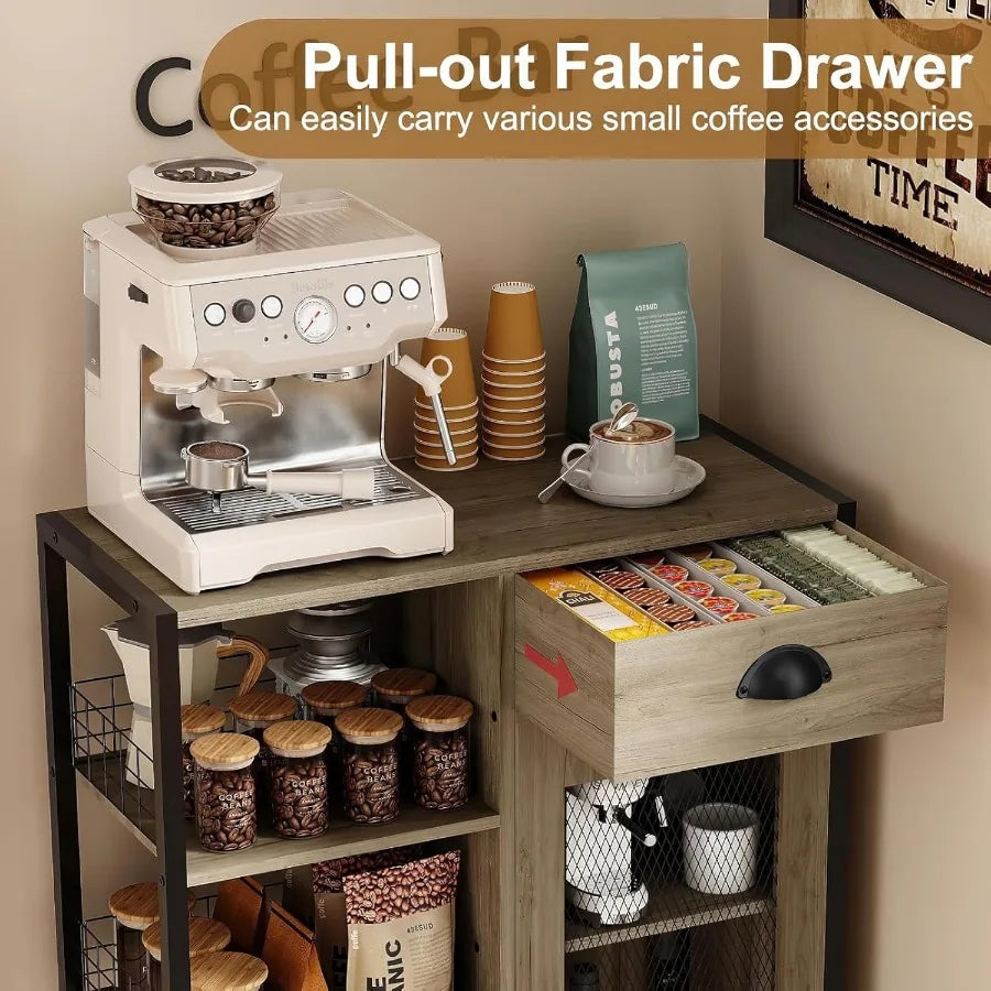 3 Tier Coffee Bar Table with Storage Drawer 35.8 H Adjustable Shelf Farmhouse Coffee Stand Station Table for Corner Kitchen Din