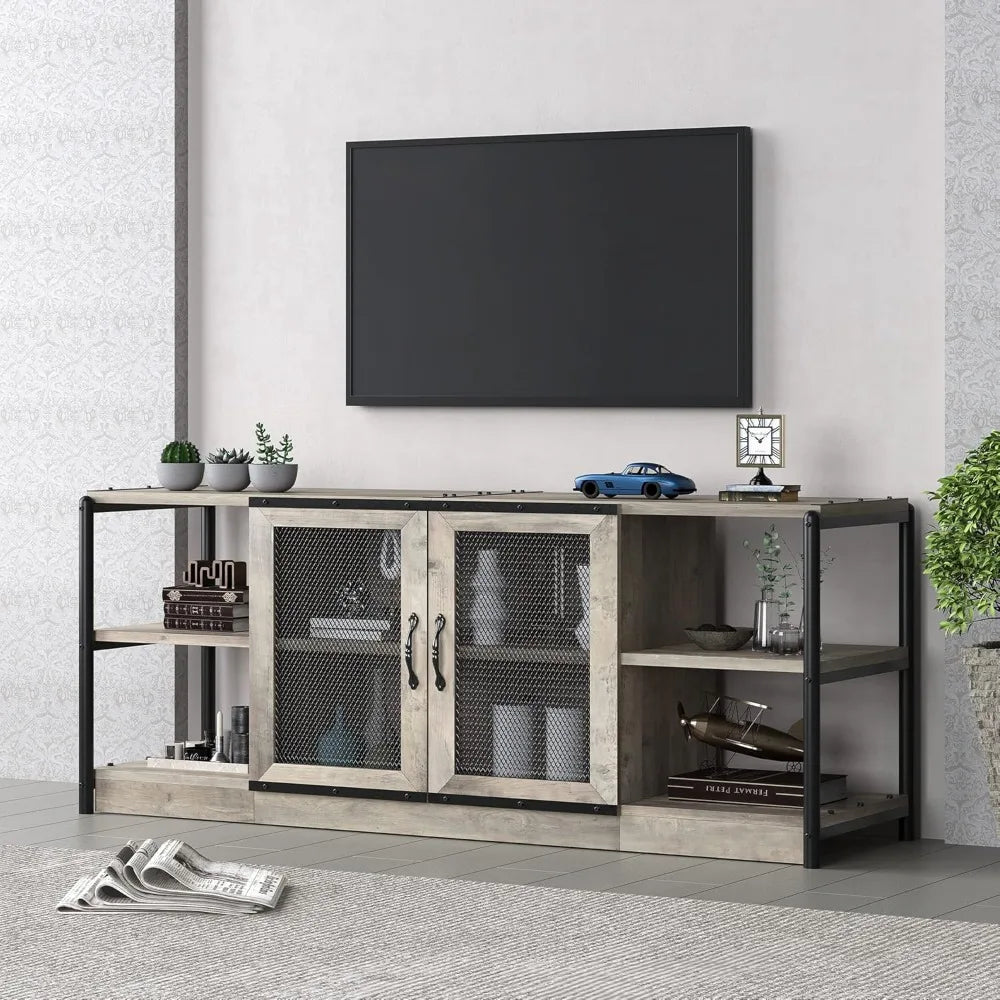 TV Stand for 65+ Inch TV,Industrial Entertainment Center TV Media Console Cabinet, Farmhouse TV Stand with Storage and Mesh Door