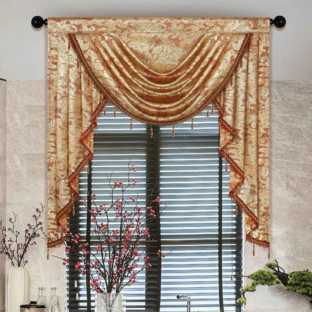 1pc Luxury Style Waterfall Swag Valance,European Jacquard Design Valance for the Various Room Rod Pocket,3 Width Size for Choice
