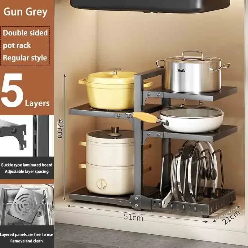 Kitchen Under Sink Pot Holder Multilayer Frying Pan Rice Cooker Seasoning Storage Rack Adjustable Stainless Steel Organizer